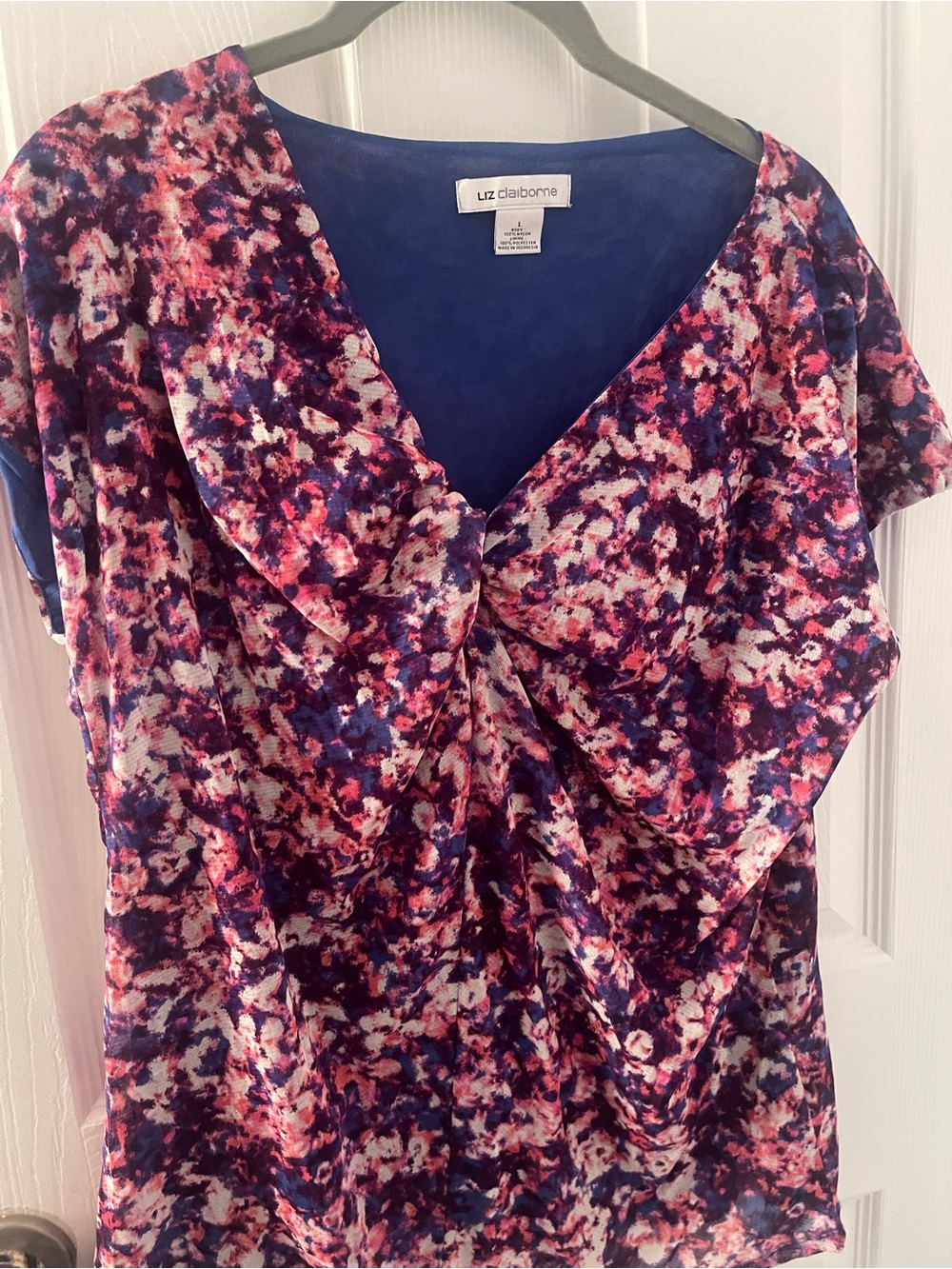 Liz Claiborne Blue and Pink Floral Twist-Front V-Neck Top